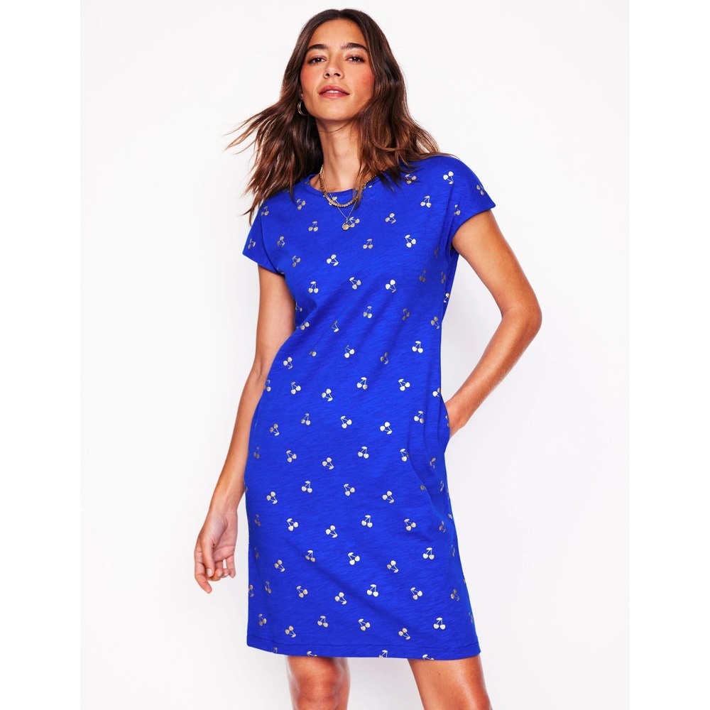 Boden Leah Jersey T-shirt Dress 6R Gallery Blue Cherry Ditsy Preppy Resort Beach